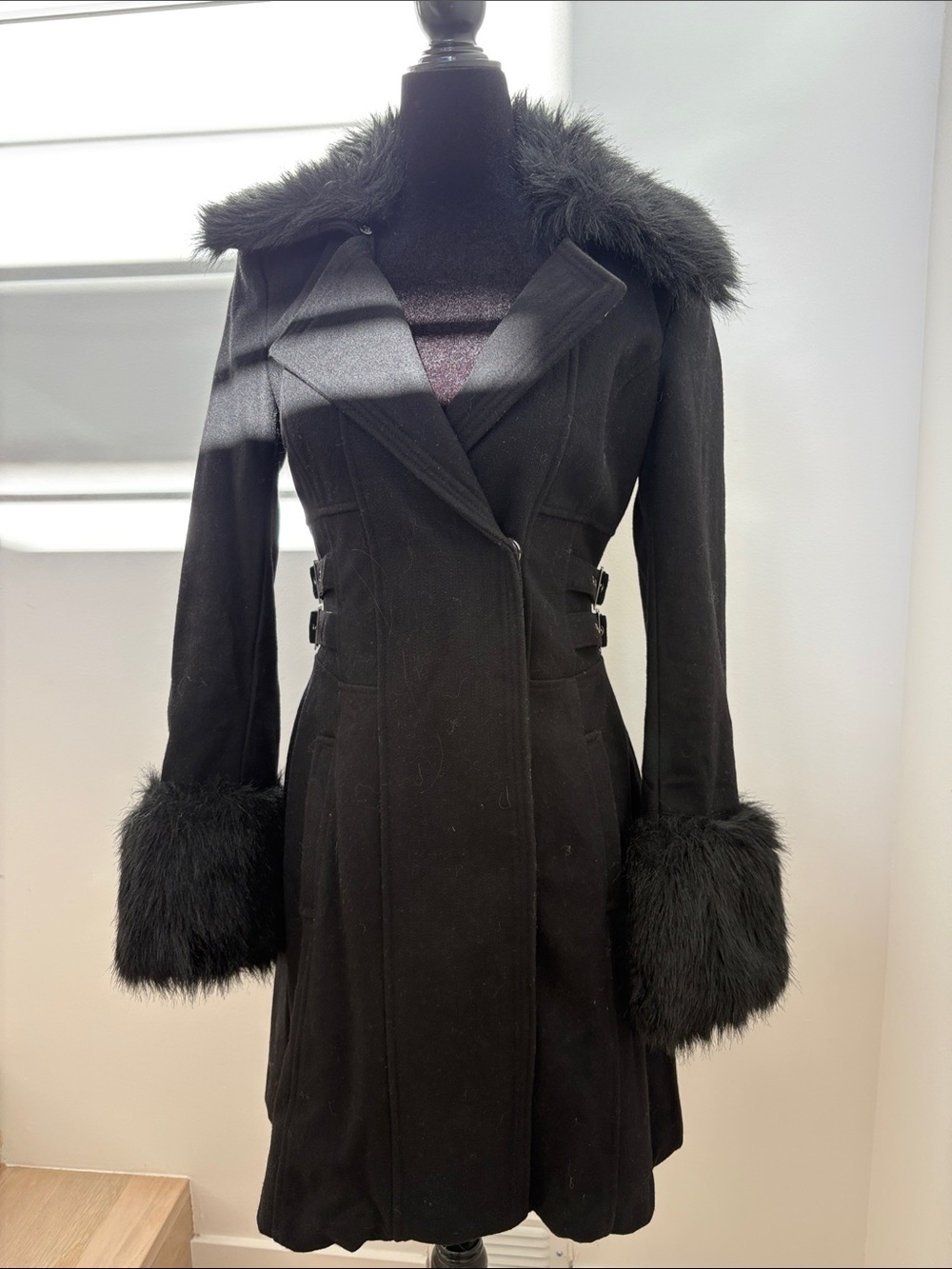 Black wool Removable Faux-Fur Trim Long Women's Coat